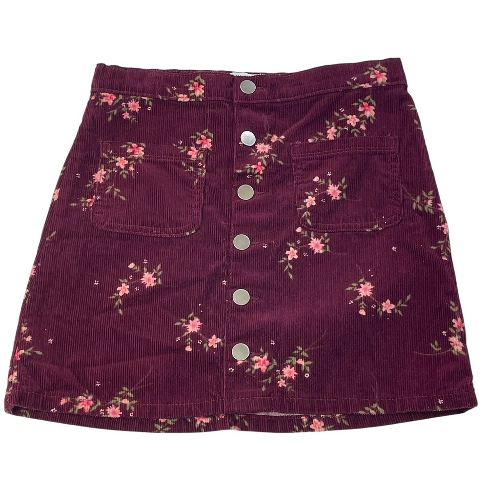 The Children's Place Girls Burgundy Floral Corduroy Button Front Skirt Size 8